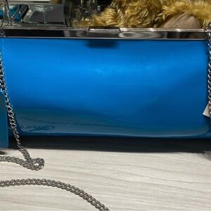 Danier Shiny Blue Clutch with Silver Chain